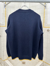 Load image into Gallery viewer, 1990s Vintage Sideskid Navy Sweater with Yellow Hem and Printed Logo - Size M