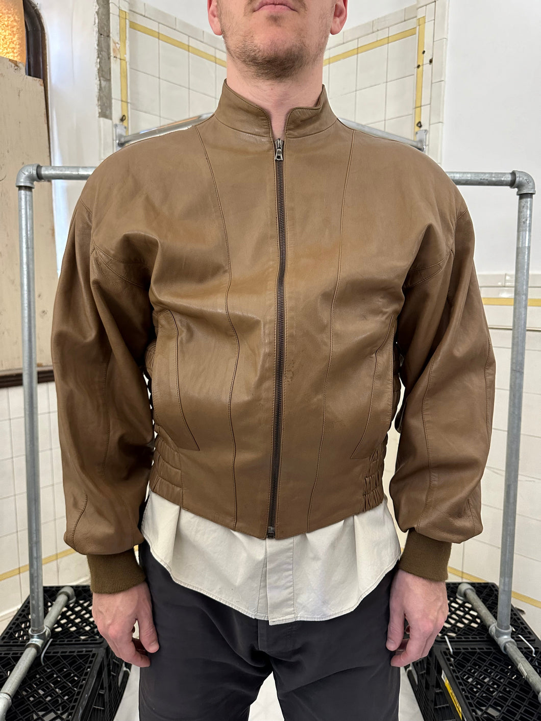 1980s Claude Montana Cinched Leather Jacket with Shoulderpads - Size M