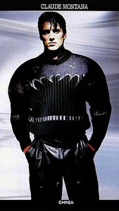1980s Claude Montana Black Sweater with Leather Shoulder Detailing - Size M