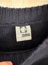 Load image into Gallery viewer, 1990s Vintage Sideskid Navy Sweater with Yellow Hem and Printed Logo - Size M
