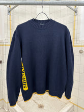 Load image into Gallery viewer, 1990s Vintage Sideskid Navy Sweater with Yellow Hem and Printed Logo - Size M