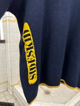 Load image into Gallery viewer, 1990s Vintage Sideskid Navy Sweater with Yellow Hem and Printed Logo - Size M