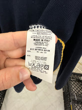 Load image into Gallery viewer, 1990s Vintage Sideskid Navy Sweater with Yellow Hem and Printed Logo - Size M