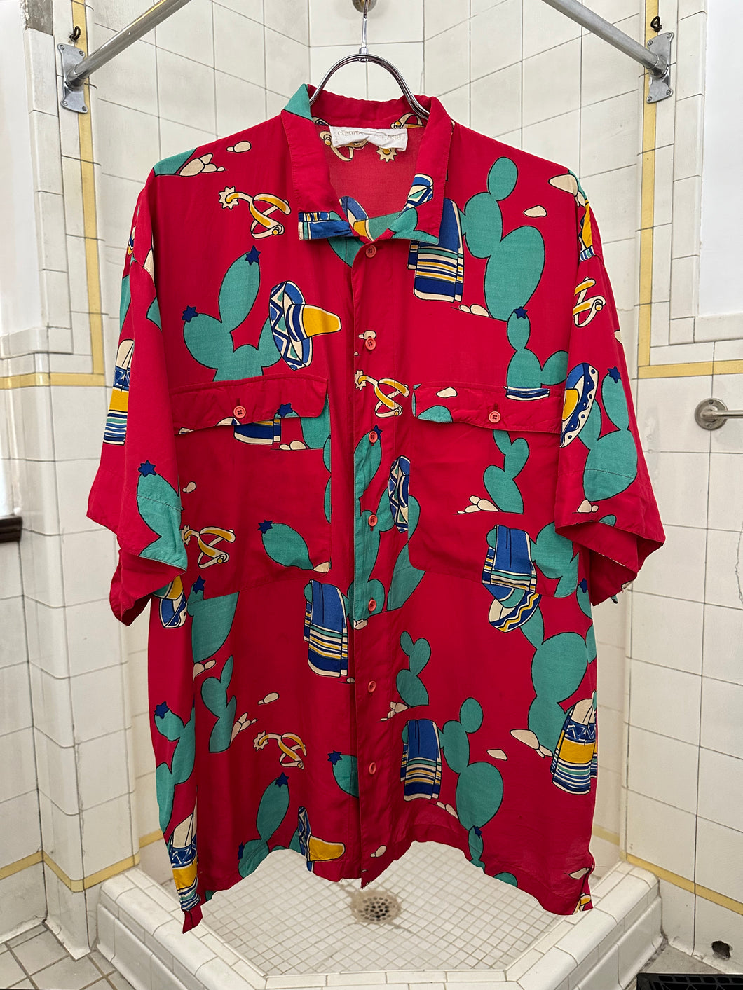 1980s Claude Montana Cactus Cowboy Print Patch Pocket Shirt - Size XL