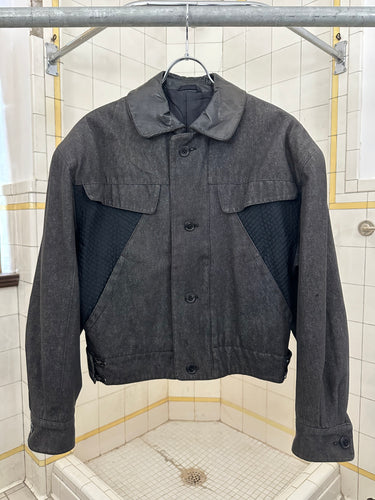 1980s Claude Montana Denim Trucker Jacket with Shoulderpads and Leather Collar - Size M