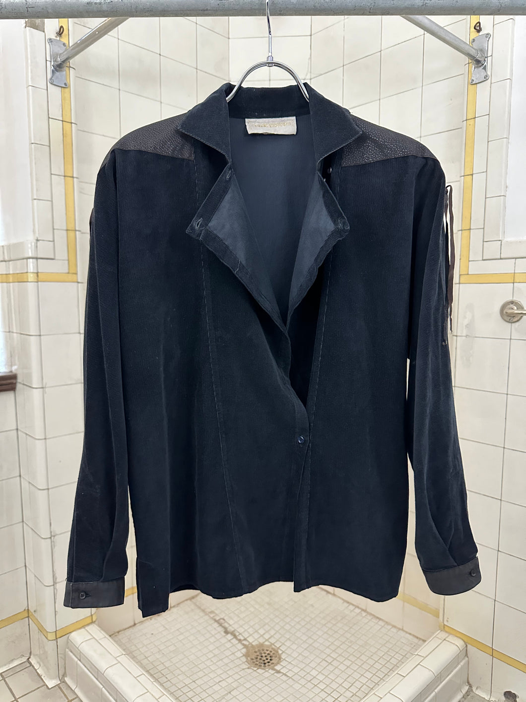 1980s Claude Montana Black Light Corduroy Blouson with Leather Shoulder Detailing - Size S