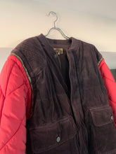 Load image into Gallery viewer, 1990s Armani Modular Hunting Jacket with Purple Corduroy Base and Red Quilted Nylon Sleeves - Size L