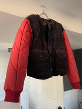 Load image into Gallery viewer, 1990s Armani Modular Hunting Jacket with Purple Corduroy Base and Red Quilted Nylon Sleeves - Size L