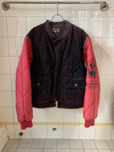 Load image into Gallery viewer, 1990s Armani Modular Hunting Jacket with Faded Purple Corduroy Base and Red Quilted Nylon Sleeves - Size L