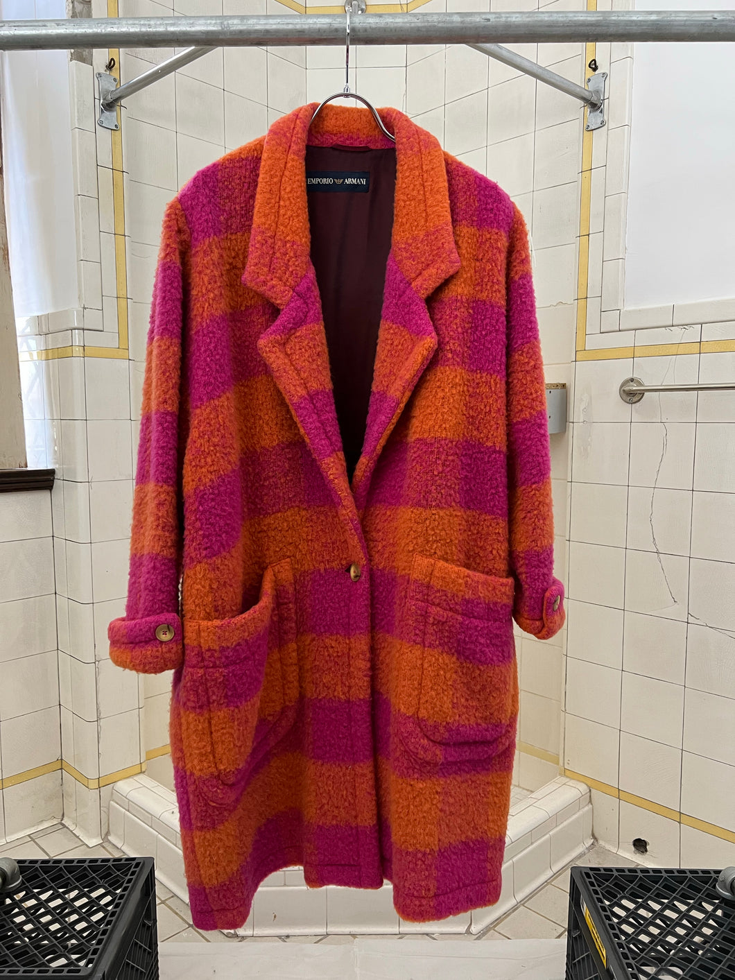 1980s Armani Plaid Boiled Wool Overcoat - Size M