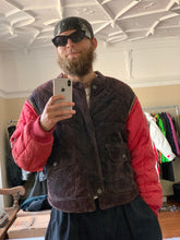 Load image into Gallery viewer, 1990s Armani Modular Hunting Jacket with Faded Purple Corduroy Base and Red Quilted Nylon Sleeves - Size L