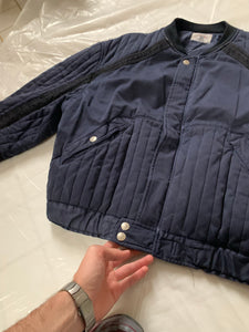 1980s Armani Heavy Navy Cotton Cropped Bomber with Black Contrast Trim Detailing - Size XL