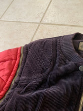 Load image into Gallery viewer, 1990s Armani Modular Hunting Jacket with Purple Corduroy Base and Red Quilted Nylon Sleeves - Size L