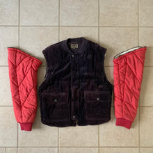 Load image into Gallery viewer, 1990s Armani Modular Hunting Jacket with Purple Corduroy Base and Red Quilted Nylon Sleeves - Size L