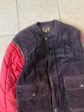 Load image into Gallery viewer, 1990s Armani Modular Hunting Jacket with Purple Corduroy Base and Red Quilted Nylon Sleeves - Size L