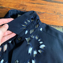 Load image into Gallery viewer, ss1996 Yohji Yamamoto Navy Wool Gaba Floral Cutout Shirt - Size XL