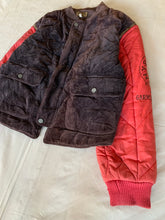 Load image into Gallery viewer, 1990s Armani Modular Hunting Jacket with Faded Purple Corduroy Base and Red Quilted Nylon Sleeves - Size L