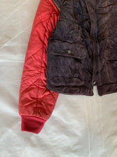 Load image into Gallery viewer, 1990s Armani Modular Hunting Jacket with Faded Purple Corduroy Base and Red Quilted Nylon Sleeves - Size L