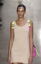 Load image into Gallery viewer, ss2004 Issey Miyake Futuristic Deformed Pink Neoprene Backpack / Tote Bag with Transparent Piping Trim - Size OS